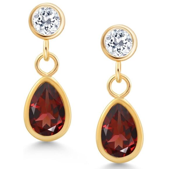 14K Yellow Gold with 1.26 Cttw Garnet and White Topaz Post Back Drop Earrings